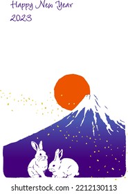 New Year's card template with Mt. Fuji, sunrise and rabbit.