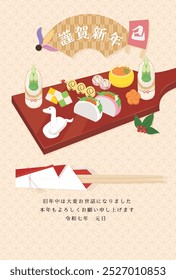 New Year's card template. Osechi dishes served on a plate. "Japanese: Happy New Year. Thank you very much for your support last year. I look forward to working with you again this year."