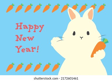 Plantilla de la tarjeta de Año Nuevo con un conejo al que le encantan las zanahorias.