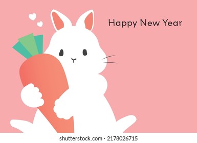 Plantilla de la tarjeta de Año Nuevo con un conejo al que le encantan las zanahorias.
