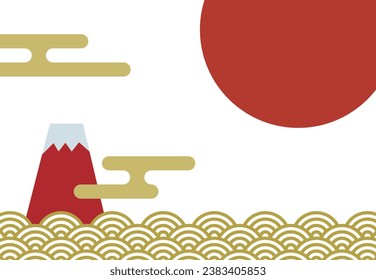 Plantilla de tarjeta de Año Nuevo con Fuji rojo, amanecer de Año Nuevo y patrón de olas.