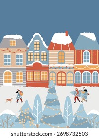 New Years card template with space for inscription. Vector flat illustration of a winter city scene. Hand-drawn houses, Christmas trees, and festive people with gifts. Retro-style postcard, invitation