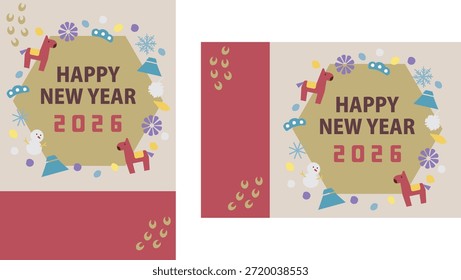 Plantilla de la tarjeta del Año Nuevo: Dos caballos. Lindo material de marco de Ilustración vectorial. Tarjeta de felicitación del Año Nuevo 2025.