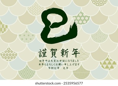 New Year's card template for the Year of the Snake. Scales and Japanese patterns. "Japanese: Thank you for your support last year. I look forward to working with you again this year."