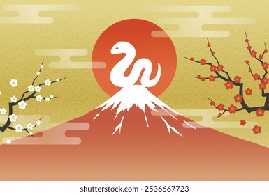 New Year's card template for the Year of the Snake with a snake, plum tree, Mt. Fuji and sunrise