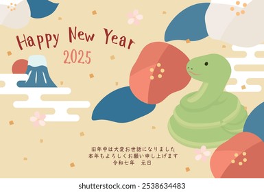 New Year's card template for the year of the snake. Snake and camellia. "Japanese: Thank you for your support last year. I look forward to working with you again this year."