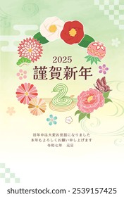 Neujahrskartenvorlage für das Jahr der Schlange. Wunderschönes Bild im japanischen Stil. "Japanisch: Vielen Dank für Ihre Unterstützung im letzten Jahr. Ich freue mich darauf, auch in diesem Jahr wieder mit Ihnen zusammenzuarbeiten."