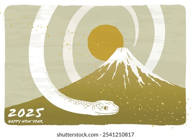 New Year's card template for the Year of the Snake with a Swirling Serpent and Mount Fuji and sunrise