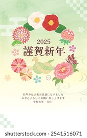 Neujahrskartenvorlage für das Jahr der Schlange. Wunderschönes Bild im japanischen Stil. "Japanisch: Vielen Dank für Ihre Unterstützung im letzten Jahr. Ich freue mich darauf, auch in diesem Jahr wieder mit Ihnen zusammenzuarbeiten."