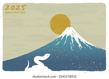 Plantilla de la tarjeta del Año Nuevo para el Año de la Serpiente con una Serpiente Arremolinada y el Monte Fuji y la salida del sol