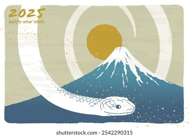 New Year's card template for the Year of the Snake with a Swirling Serpent and Mount Fuji and sunrise