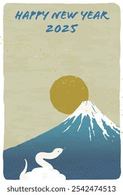 Modelo de cartão de Ano Novo para o Ano da Cobra com uma Serpente Giratória e Monte Fuji e nascer do sol