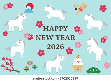 Plantilla de la tarjeta del Año Nuevo para el Año del Caballo 2026. Caballo blanco, lindo, auspicioso, Vector, flor de ciruelo