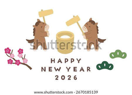 New Year's card template for the Year of the Horse 2026. Horse, cute, lucky charm, mochi pounding, vector, pony
