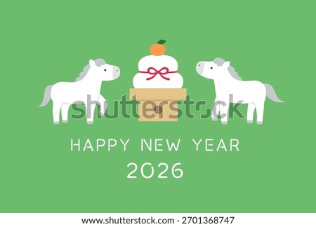New Year's card template for the Year of the Horse 2026. White horse, cute, lucky charm, vector, kagami mochi