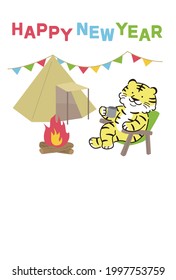 New Year's card of a tiger enjoying a solo camp [Vertical writing] (2022, tiger)