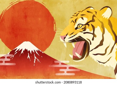 New Year's card with tiger, first sunrise and Mt. Fuji

translation: Fuji (Fuji is the name of a mountain in Japan.) 