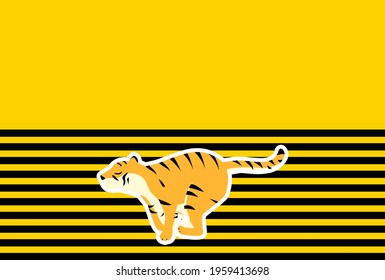 New Year's card of a tiger running against a background of yellow and black stripes, 2022 Tiger Year