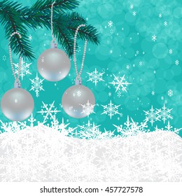 New Year's card. Toys on a green Christmas tree. Celebratory background of falling snow. Vector illustration