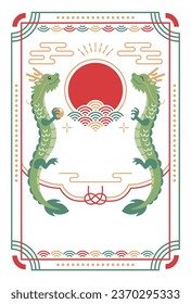 New Year's card with two dragons and the first sunrise of the year.
