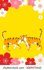 New Year's card with two tigers greeting each other, Year of the Tiger 2022 - Translation: Happy New Year, thank you again this year.