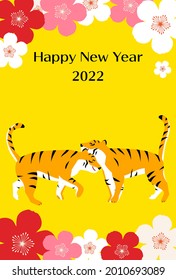New Year's card with two tigers greeting each other, Year of the Tiger 2022 - Translation: Happy New Year, thank you again this year.
