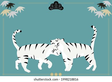 New Year's card with two white tigers greeting each other, Year of the Tiger 2022