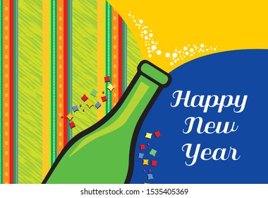 New Year's card in vector with a green bottle coming out of foam and a background with green and red stripes. Space for text