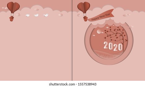 New Year's card, Vector illustration of Paper balloon heart shape with Happy New Year and love tree on colorful baked clay background