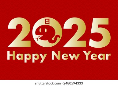 New Year's card vector illustration for 2025, Year of the Snake. Snake icon and character design. Japanese traditional pattern background. Red and gold. Chinese characters translation: Snake
