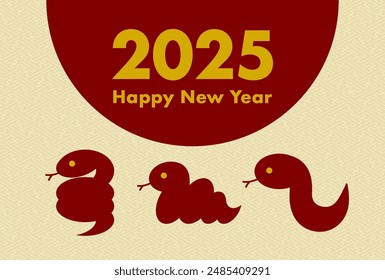 Ilustración vectorial de tarjetas del Nuevo año para 2025. Tradicional patrón japonés e icono de serpiente. Año de la Serpiente. Rojo y dorado.