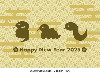 New Year's card vector illustration for 2025. Traditional Japanese pattern and snake icon. Year of the Snake. Red and gold color.