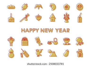 Ilustración vectorial de la tarjeta del año Nuevo de los iconos de la suerte del charm del año Nuevo japonés. Iconos lindos en rojo y oro. Plantilla de la tarjeta del año Nuevo.