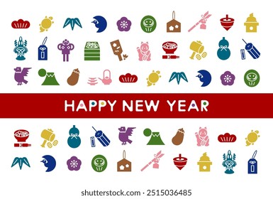 New Year's card vector illustration of Japanese New Year's lucky charm icons. Colorful and cute icons. New Year's card template.
