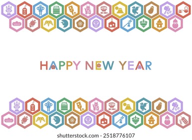 New Year's card vector illustration of Japanese New Year's lucky charm icons. Colorful traditional Japanese pattern design. New Year's card template. 