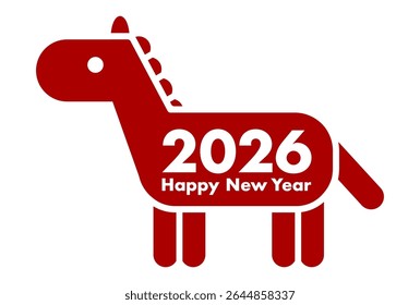 Ilustração de vetor de cartão de Ano Novo para 2026. Simples ícone de cavalo vermelho.  Ano do Cavalo. Fundo branco.
