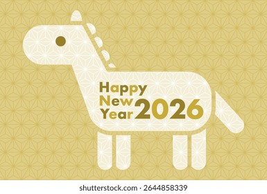 Ilustración vectorial de la tarjeta del Año Nuevo para 2026, Año del Caballo. Icono de caballo sobre fondo de patrón japonés. Hermoso diseño con patrones tradicionales.
