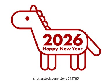 Ilustração de vetor de cartão de Ano Novo para 2026. Simples ícone de cavalo da linha vermelha. Ano do Cavalo. A tradução de caracteres chineses é Cavalo.
