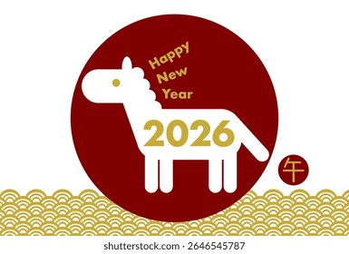 Ilustração vetor de cartão de Ano Novo para 2026 Ano do Cavalo. Padrão japonês e ícone de cavalo. Ouro e design vermelho. A tradução de caracteres chineses é Cavalo.
