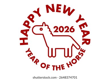 New Year's card vector illustration for 2026, Year of the Horse. Red line circular logo. Simple horse design. White background.
