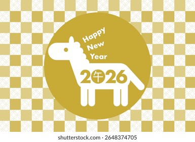 Ilustração do vetor do cartão de Ano Novo para 2026, Ano do Cavalo. Ícone de cavalo no plano de fundo do padrão japonês. A tradução de caracteres chineses é Cavalo.
