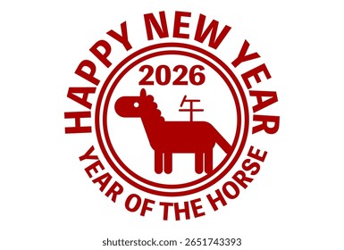 Ilustração do vetor do cartão de Ano Novo para 2026, Ano do Cavalo. Logotipo circular da linha vermelha. Design de cavalo simples. 
 A tradução de caracteres chineses é Cavalo.
