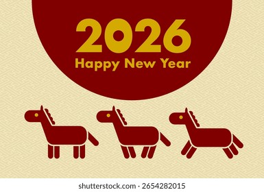 Ilustración vectorial de la tarjeta del Año Nuevo para 2026, Año del Caballo. Icono de caballo simple. Fondo de patrón japonés.