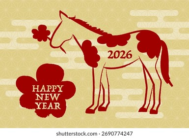 Neujahrskarte, Vektorgrafik für 2026, Jahr des Pferdes. Pinselzeichnung von Pferd und Blume. Traditioneller japanischer Hintergrund.
