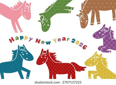 Ilustración vectorial de la tarjeta del Año Nuevo para 2026, Año del Caballo. Caballo con coloridos patrones tradicionales japoneses. El fondo blanco.
