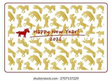 New Year's card vector illustration for the Year of the Horse 2026. Cute golden horse pattern. White background.