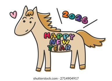 Ilustração do vetor do cartão de Ano Novo para 2026, Ano do Cavalo. Um cavalo bonito. Ilustração de linha solta. Fundo branco.
