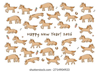 Ilustración vectorial de la tarjeta del Año Nuevo para 2026, Año del Caballo. Lindo patrón de caballo. Caballos en varias poses. El fondo blanco.
