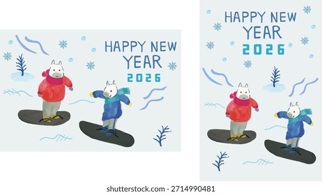 Vorlage für die Vektorgrafik der Neujahrskarte: Zwei Pferde Snowboarden. Handgezeichnete Winterlandschaft