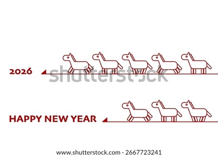 New Year's card vector illustration for 2026, Year of the Horse. Red horse icon. The words 2026 and HAPPY NEW YEAR are at the end of the arrow. White background.
